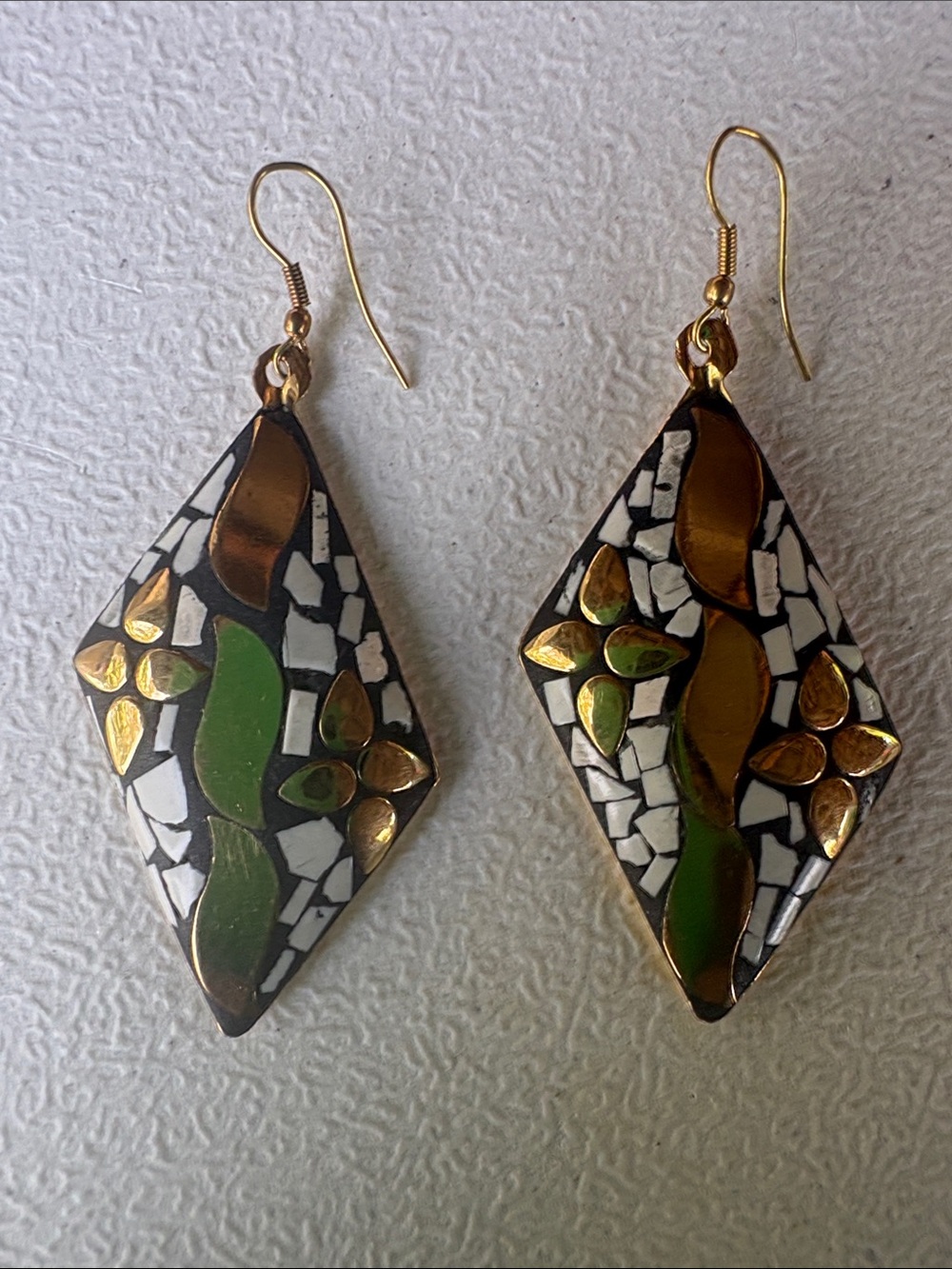 Green and Gold Mosaic Drop Earrings for Women
